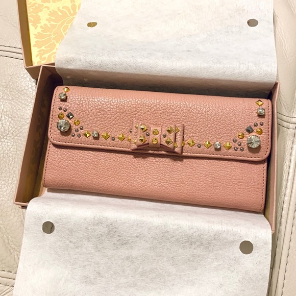 Miu Miu Handbags - Miu Miu Rhinestone Embellished Pink Leather Wallet
